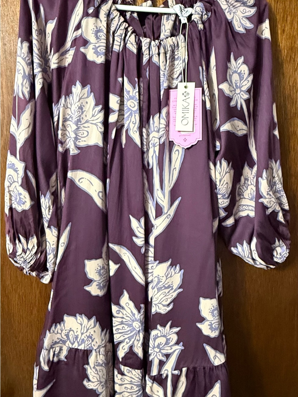 Omika Purple Floral Dress with Cream Botanical Print Size Small with pockets!